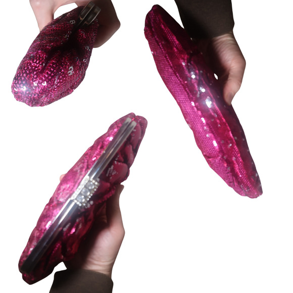 Sequin & Satin Clutch Shoulder Bag, Kiss Lock Frame 2 Straps Fucsia NWT - Picture 3 of 6